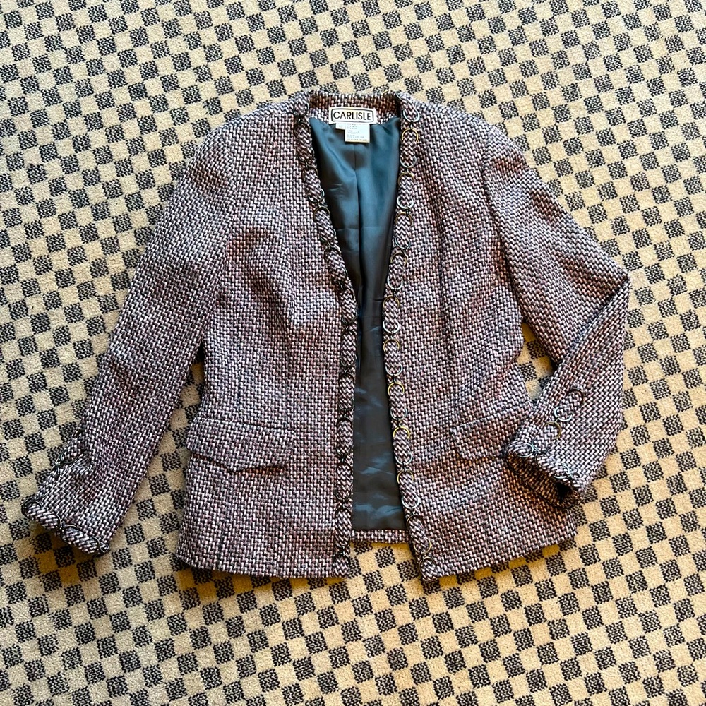 Vintage Carlisle pink and gray tweed blazer with chain link detail